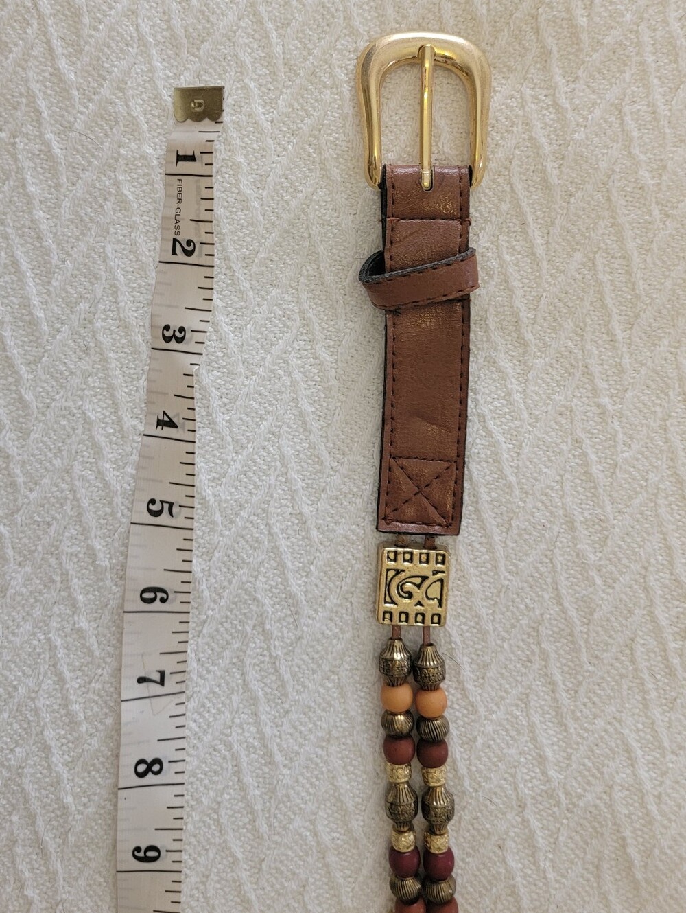 Vintage Brown Leather Beaded Belt with Gold Hardware